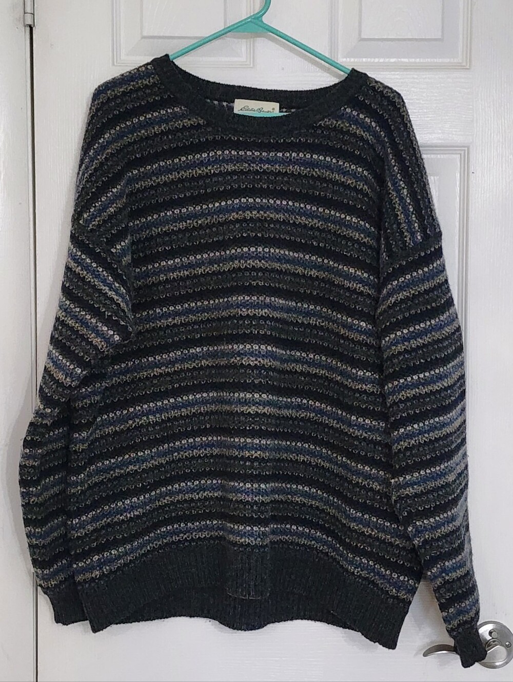 ​VTG Eddie Bauer Mens XL 100% Wool Striped Crewneck Sweater Chunky Knit 90s